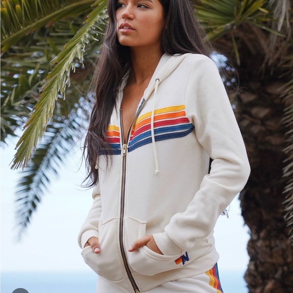 🌈 Aviator Nation Cream Rainbow Striped Hoodie - Picture 5 of 7